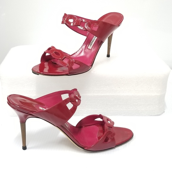 Manolo Blahnik patent Leather Red Stiletto Heels slippers Slides mules sandals - Picture 7 of 15